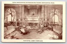 Interior~Northampton Massachusetts~Hotel Lobby Fireplace~Wiggins Tavern~Postcard picture