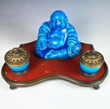 Mid-late 19th c. Old Paris Porcelain Chinoiserie Buddha Double Inkwell Pen Tray picture