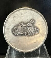 Vintage Looking Metal Tin Trinket Box Raised Etched Bunny Rabbits 4” Silver picture