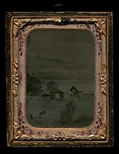 1/4 AMBROTYPE HOUSE / HOMESTEAD BY LAKE 1850s 1860s OUTDOOR PHOTO picture