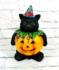Black Cat With Lighted Pumpkin Halloween Decor Resin 10