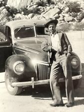 R9 Photo Handsome Cool Man Old Car Smoking Pipe 1940's Roadside 1939 Ford Deluxe picture