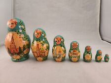 Russian 7 Piece Nesting Matryoshka Dolls Gold Foil Hand Painted Buildings Floral picture