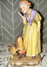 Vintage Lefton Figurine Old Lady Holding Fan w/ her pekingese dog on stool #2313 picture