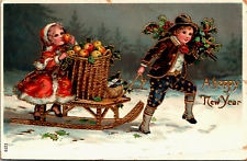 Antique Victorian Happy New Year Postcard 1279 Apples Children Sled Holly German picture