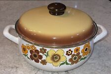 Vintage Retro Harvest Blossom Porcelain Enamel Cookware Stock Pot Dutch Oven picture