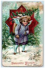 c1910's Christmas Angel Gifts In Basket Pine Trees Winter Latvia Russia Postcard picture
