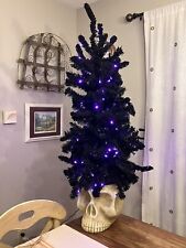 NWT Black Christmas Tree With Skull Base And Pre lit Purple Lights 4 Feet Tall picture