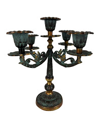 Vtg 5 Arms Bronze Candelabra Candlesticks w/Nice Green Patina Signed Art Nouveau picture