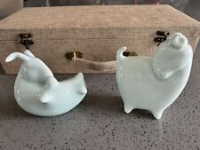 Pair of Hand Painted Porcelain Rams Animal Figurine in Celadon Green Glaze w/Box picture