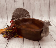 Vintage Hand Carved Walnut Wood & Aluminum Turkey Serving Bowl - Nut Bowl picture