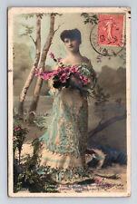 c1906 RPPC French Portrait of Beautiful Woman Flowers Hand Colored Postcard picture