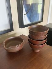 Bizen Ware 4 Japanese Tea Cups + Sharing Cup, Marked 