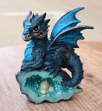 Adorable Silver Blue Baby Dragon On Crystal Fossil Geode Rock With Eggs Figurine picture