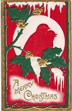 Christmas Bold Red White Green Highly Embossed Birds On Snowy Branch 1910  picture
