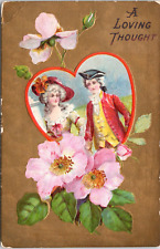 c1910s A Loving Thought Colonial Couple W Pink Flowers Heart Postcard 839b picture
