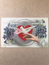Dove With Valentine On Lady’s Finger Poem Big Heart Blue Flowers 1910 Postcard picture