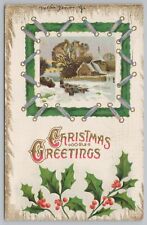 Holiday~Christmas~Home in Winter Snow~Holly~Vintage Postcard picture