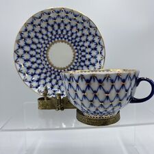Vtg. Lomonosov Russian Fine Porcelain Teacup & Saucer Cobalt Blue Gold Net USSR picture
