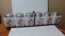 6 Pc. Vintage Tipp City Milk Glass Spice Jars with Metal Rack  USA Red Flowers picture