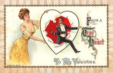 Postcard Valentine True Heart Man Jumping through Heart Pretty Woman picture