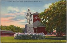 FARGO, North Dakota Linen Postcard GREAT NORTHERN RAILROAD DEPOT / Rollon Statue picture