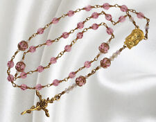 Handmade Unbreakable Rosary Anglican Episcopal Pink Crystal w Gold Tone Cross picture