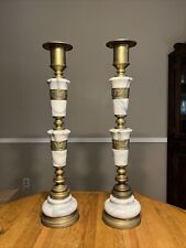 Vintage Pair Of Brass And Marble Altar Candle Holders 27 Inches Tall  picture