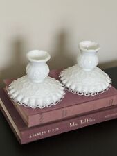 Vintage Pair Fenton Silver Crest White Candle Stick Holders, Clear Ruffled Edge picture