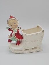 Vintage Ucagco Christmas Girl In Sled Planter Spaghetti Hat & Dress 5.5” FLAW picture