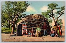 New Mexico~Navajo Indians On Reservation~Rugs On Hut~Teich 1940 Linen Postcard picture