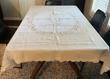 Cream Tablecloth Embroidered Cutwork Floral Scalloped Edge Linen 68