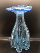 Vintage Mid-Century Unique Bubble Blue Flower Top Vase Blown Glass Art picture