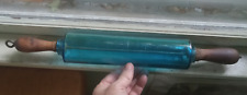 1890s PRETTY BLUE HAND BLOWN GLASS GEM ROLLING PIN WITH ORIGINAL WOOD HANDLES picture