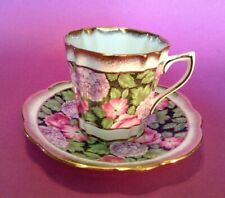 Rosina Cup & Saucer - Purple & Pink Hydrangea On Black - Vintage 1950s - England picture