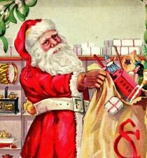 C.1910s Christmas. Santa & Toy Sack. Trumpet. Trains. Teddy Bear. VTG Postcard picture