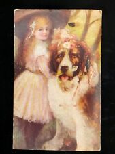 Antique Postcard Saint Bernard Dog Blonde Girl American Flag 1909 See Details  picture