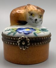 Limoges France Porcelain Peint Main Kitty Cat Hinged Trinket Box Vintage picture