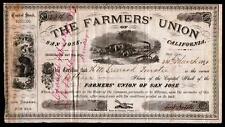 1881 San Jose California - The Farmers Union - Scarce Genuine stock certificate picture