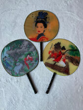 VTG Silk Fans Geisha Girl Wooden Handle Set Of 3 picture