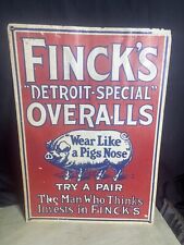 Vintage 12X17” Finck's Detroit Special Overalls Pig Cardboard Ad  Sign Poster picture
