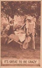 Men in Bonnets Pull Girl in Wheelbarrow Great to Be Crazy Vintage Humor Postcard picture