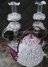 Unique Mini Set Of Three Hand Blown With Purple Hughes Teapot & 2 Candle Sticks. picture