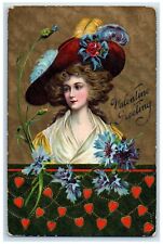 c1910s Valentine Greeting Pretty Woman Big Hat Feather Flowers Embossed Postcard picture