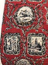 Vintage 1950s Upholstery Print Cotton Red Fabric Textile Scenic Toile 64