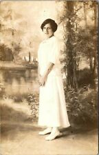 RPPC Real Photo Postcard Lady Standing Near Lake Outdoor Trees White Dress picture