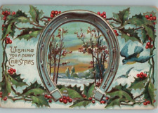 Vintage Victorian Postcard 1910 Wishing You a Merry Christmas - Horseshoe & Bird picture