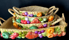 4 Handmade Raffia Serving Baskets Burlap Lined Fruit& Veggie Design - Philippine picture