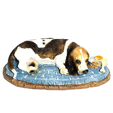 BASSETT HOUND DOG RESIN FIGURINE Puppy Sculpture Laying Down Rug Food Dish Vtg. picture