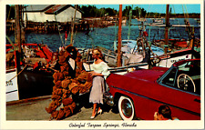 Vintage 1950's Fishing Dock Tarpon Springs Woman Red Car Boats Florida Postcard picture